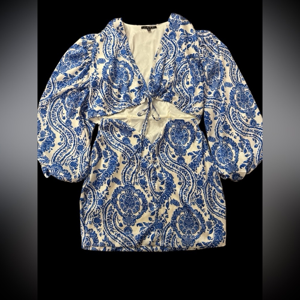 FORE Blue White Porcelain Print Cutout Mini Dress Boho Balloon Sleeve Size M